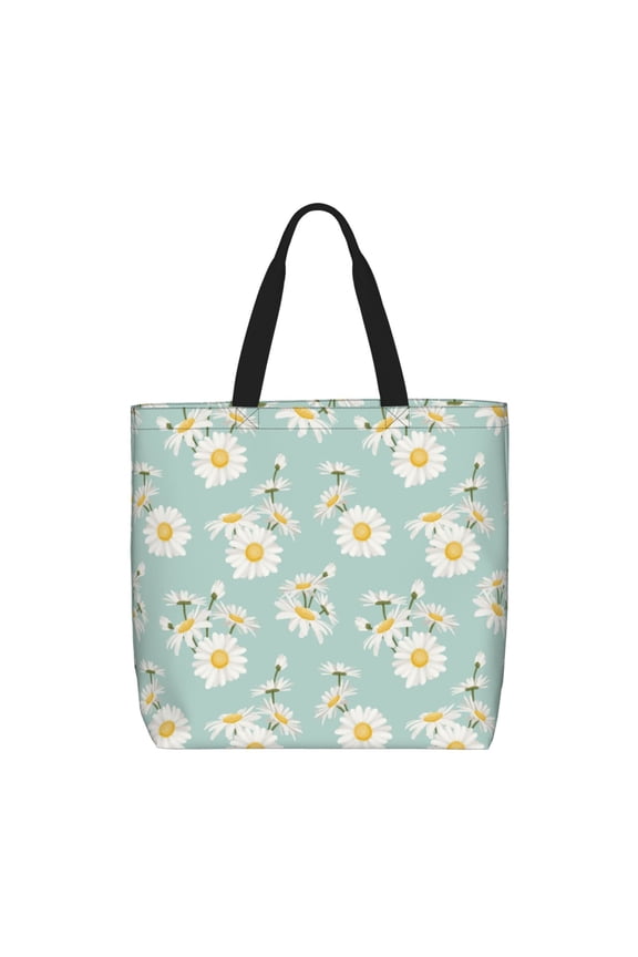Floral Daisy Pattern Tote Bag for Women,Large Capacity Tote Bag with Zipper Casual Shoulder Handbags Shopping Bag