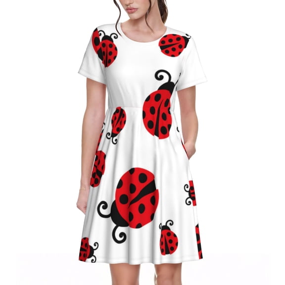 Defioc Fly Flying Ladybug Pattern Womens Summer Dresses Short Sleeve Sundress 2025 Beach Vacation Dresses with Pockets -Large