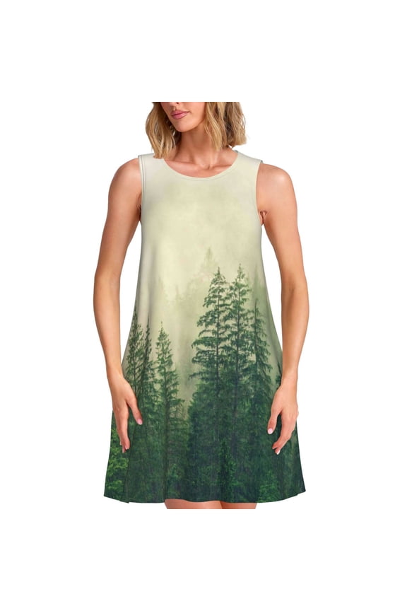 Fog Forest Pattern Women's Summer Dresses 2025 Beach Casual Sleeveless Tank Loose Sundress Beach Vacation Clothes with Pocket -X-Large