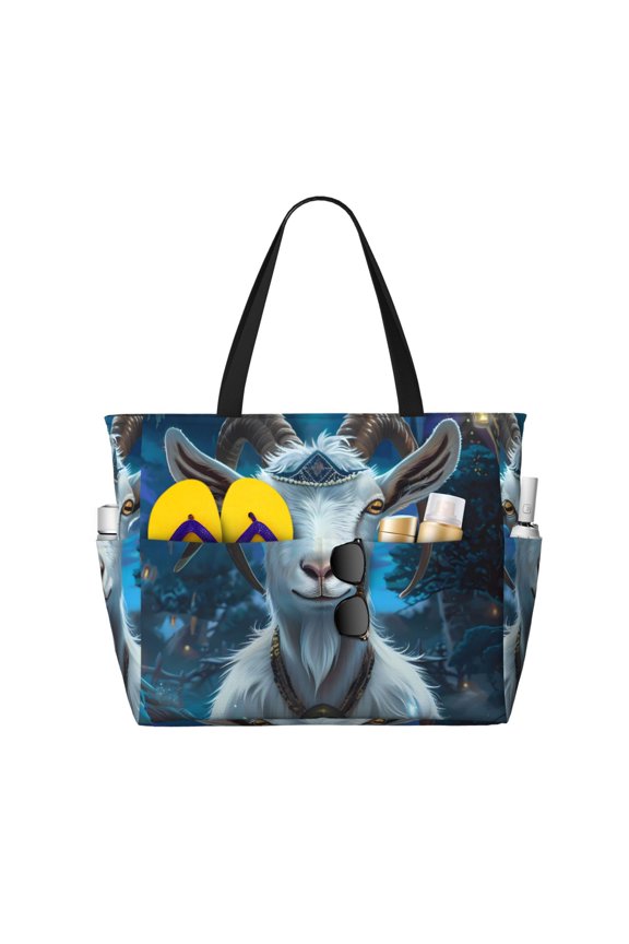 Forest Meditating Goat Pattern Beach Bag for Women - Large Beach Tote Bag Waterproof Sandproof Swim Pool Bag Everyday Bag Handbags with Zipper