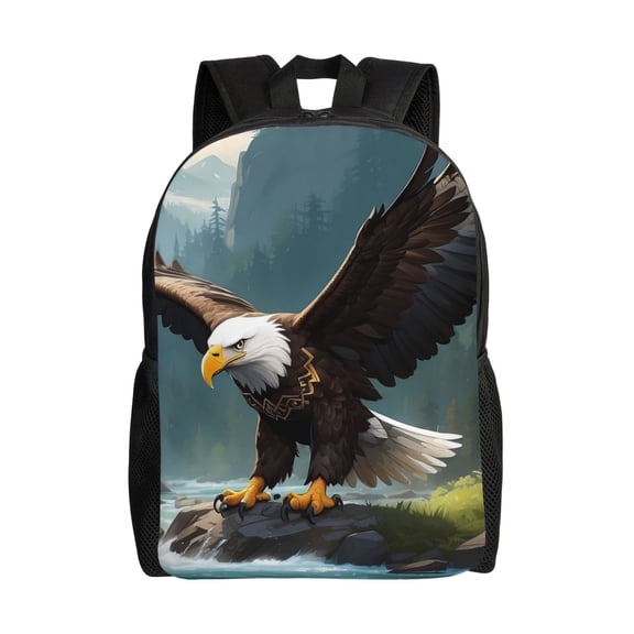 Defioc Forest River Bald Eagle Print Backpack -Travel,or Work Bookbag Daypacks with 15-Inch Laptop Sleeve and Dual Water Bottle Pockets