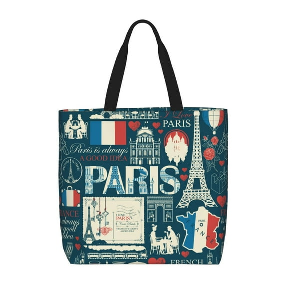 Defioc France and Paris Pattern Tote Bag for Women,Large Capacity Tote Bag with Zipper Casual Shoulder Handbags Shopping Bag
