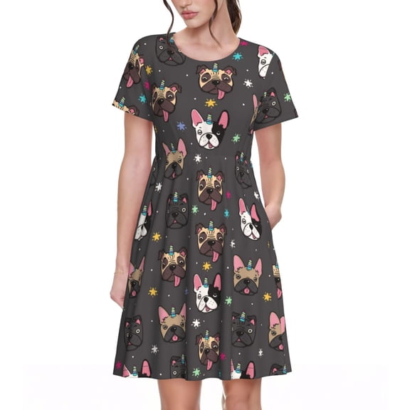 Defioc French Bulldogs Pattern Womens Summer Dresses Short Sleeve Sundress 2025 Beach Vacation Dresses with Pockets -X-Large