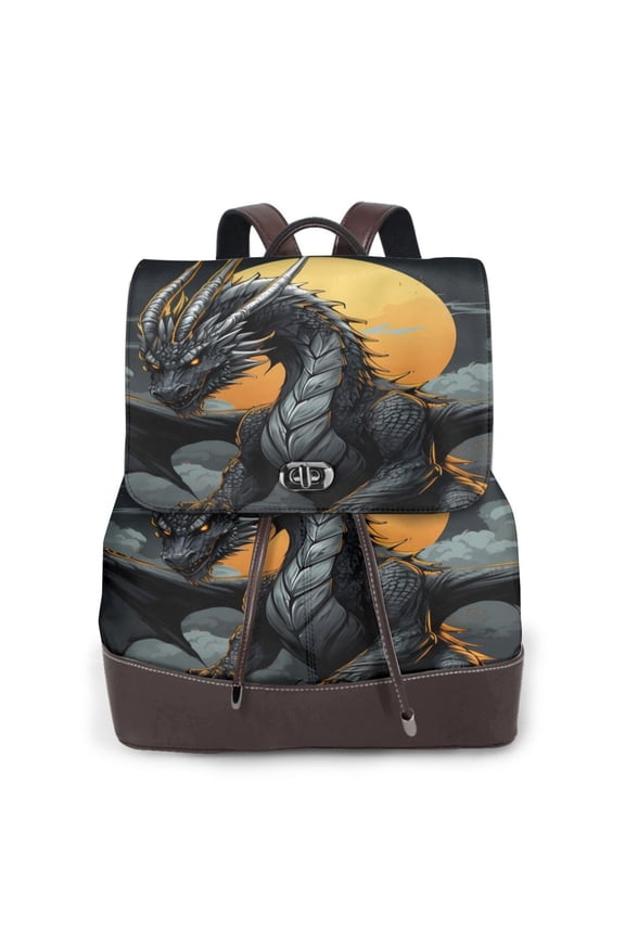 Full Moon Black Dragon Print PU Leather Backpack,Backpack Purse for Women Fashion Multipurpose Design Handbag Ladies Bags Travel Backpack