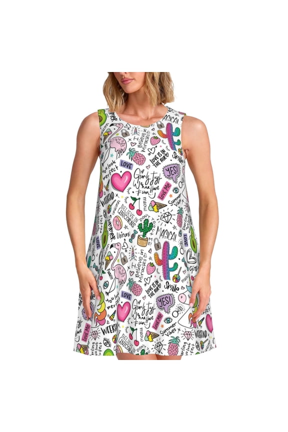 Fun Animal with Unicorn Pattern Women's Summer Dresses 2025 Beach Casual Sleeveless Tank Loose Sundress Beach Vacation Clothes with Pocket -Small