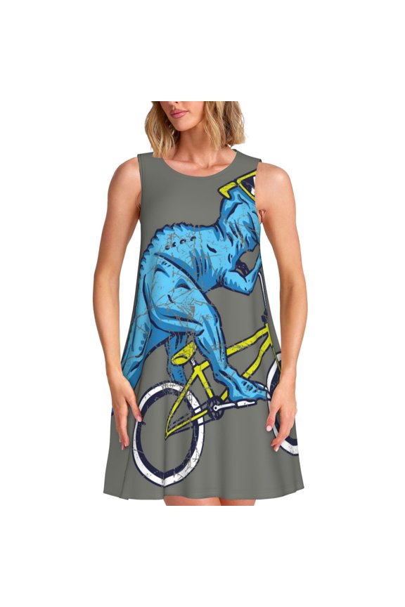 Fun Riding Dinosaur Pattern Women's Summer Dresses 2025 Beach Casual Sleeveless Tank Loose Sundress Beach Vacation Clothes with Pocket -3X-Large