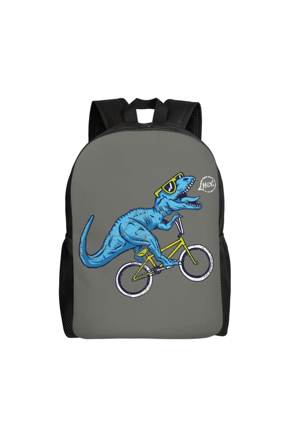 Fun Riding Dinosaur Print Backpack -Travel,or Work Bookbag Daypacks with 15-Inch Laptop Sleeve and Dual Water Bottle Pockets
