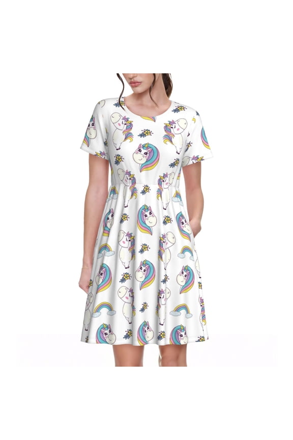 Funny Kawaii Unicorns Dancing Pattern Womens Summer Dresses Short Sleeve Sundress 2025 Beach Vacation Dresses with Pockets -XX-Large