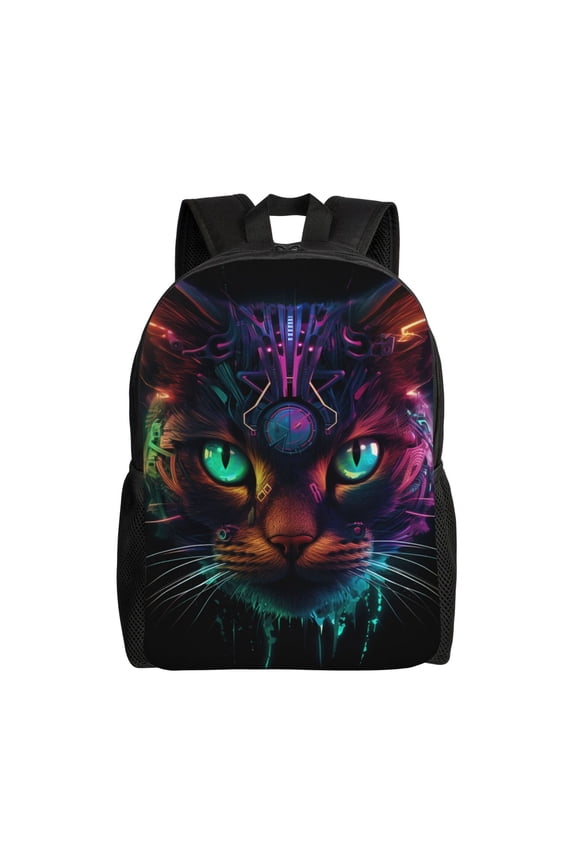 Futuristic Cat Warrior Print Backpack -Travel,or Work Bookbag Daypacks with 15-Inch Laptop Sleeve and Dual Water Bottle Pockets
