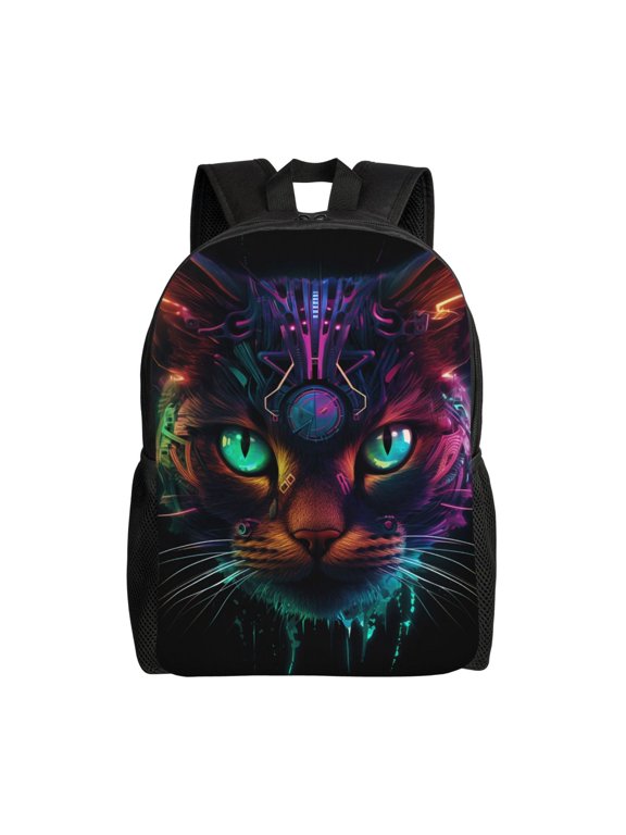 Futuristic Cat Warrior Print Backpack -Travel,or Work Bookbag Daypacks with 15-Inch Laptop Sleeve and Dual Water Bottle Pockets