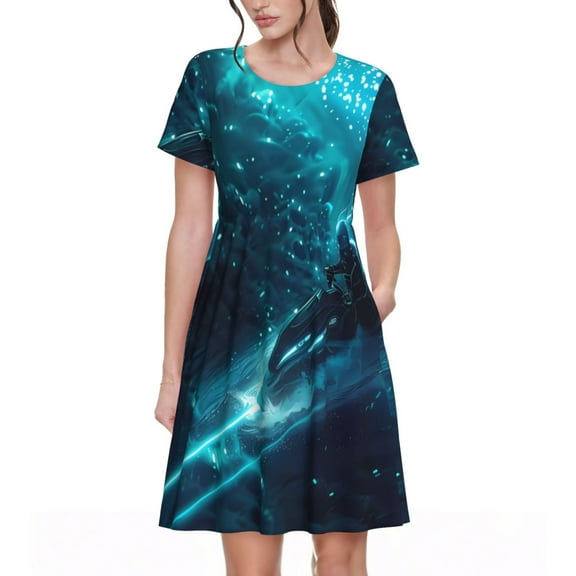 Defioc Futuristic Jet Ski Adventure Pattern Womens Summer Dresses Short Sleeve Sundress 2025 Beach Vacation Dresses with Pockets -Small