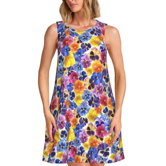 Defioc The Garden Tricolor Pansy Flower Pattern Women's Summer Dresses 2025 Beach Casual Sleeveless Tank Loose Sundress Beach Vacation Clothes with Pocket -3X-Large