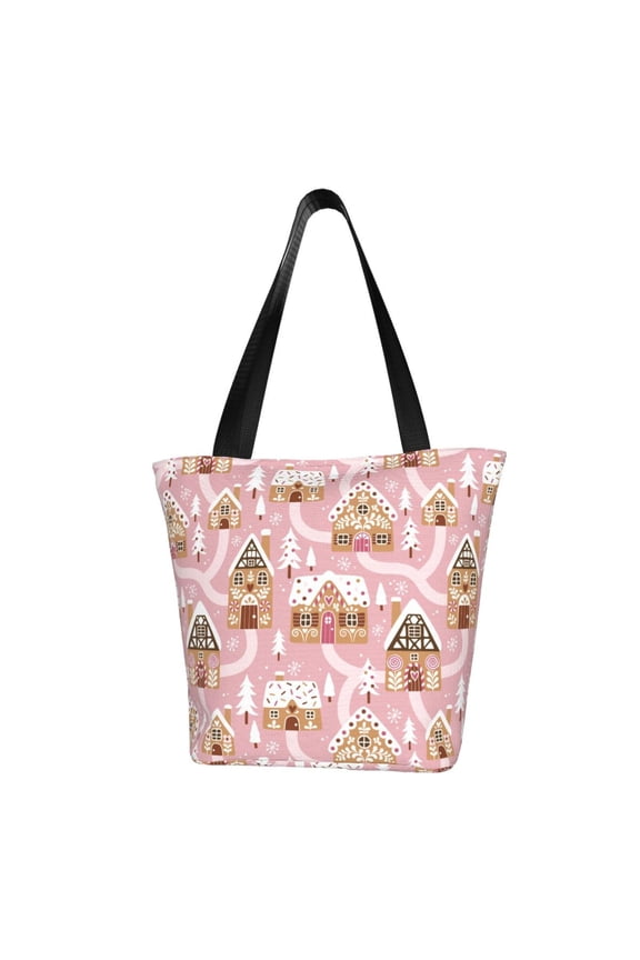 Gingerbread Houses Pink Wonderland Print Tote Bag for Women,Shoulder Bag with Zipper Casual Tote's Handbag Big Capacity Shoulder Bag with Inner Pocket Fit for Shopping,Office,Travel