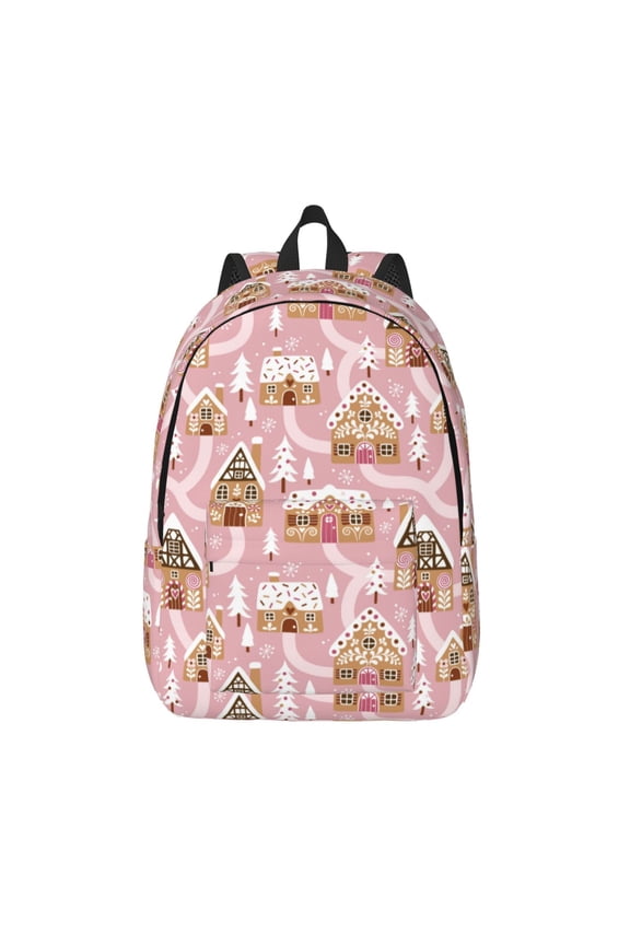 Gingerbread Houses Pink Wonderland for Canvas Backpack,Travel Rucksack Unisex Knapsack Laptop Backpack for Work & College -Small