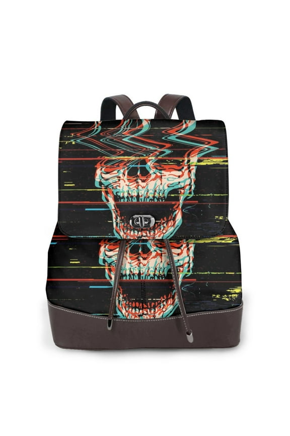 Glitch Screaming Skull Print PU Leather Backpack,Backpack Purse for Women Fashion Multipurpose Design Handbag Ladies Bags Travel Backpack