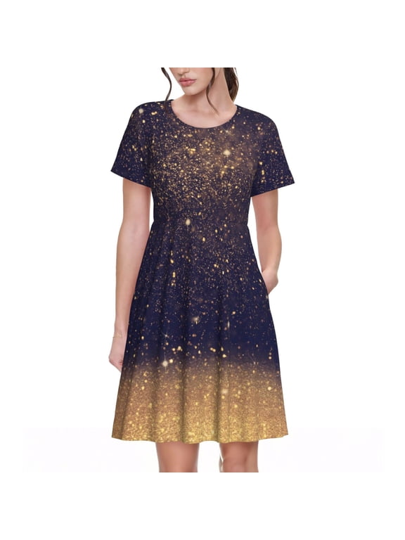 Gold Black Glitter Pattern Womens Summer Dresses Short Sleeve Sundress 2025 Beach Vacation Dresses with Pockets -X-Large