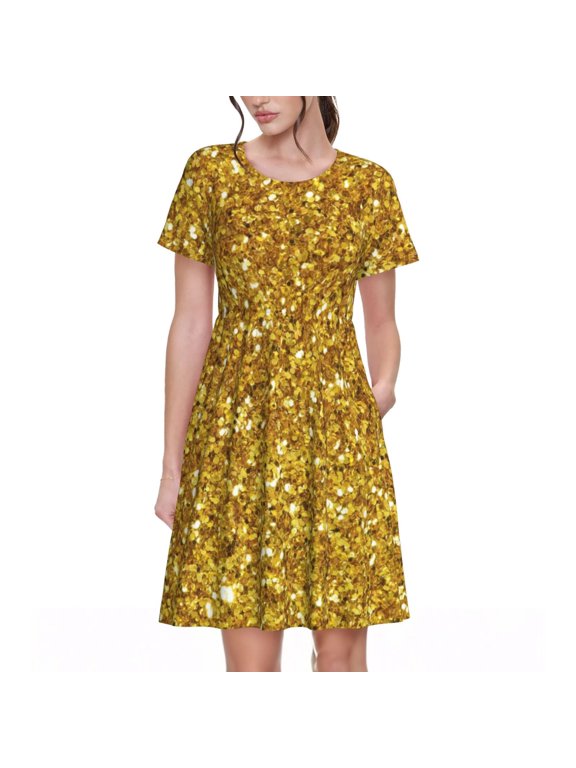 Gold Glitter Pattern Womens Summer Dresses Short Sleeve Sundress 2025 Beach Vacation Dresses with Pockets -Large