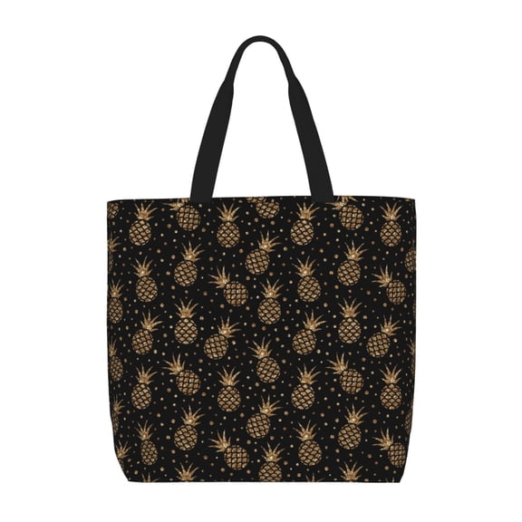 Defioc Gold Glitter Pineapples Pattern Tote Bag for Women,Large Capacity Tote Bag with Zipper Casual Shoulder Handbags Shopping Bag