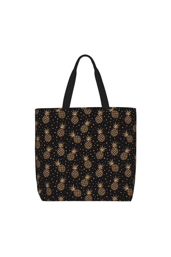 Gold Glitter Pineapples Pattern Tote Bag for Women,Large Capacity Tote Bag with Zipper Casual Shoulder Handbags Shopping Bag