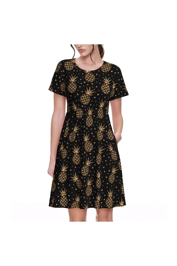 Gold Glitter Pineapples Pattern Womens Summer Dresses Short Sleeve Sundress 2025 Beach Vacation Dresses with Pockets -Small