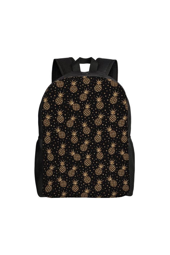 Gold Glitter Pineapples Print Backpack -Travel,or Work Bookbag Daypacks with 15-Inch Laptop Sleeve and Dual Water Bottle Pockets