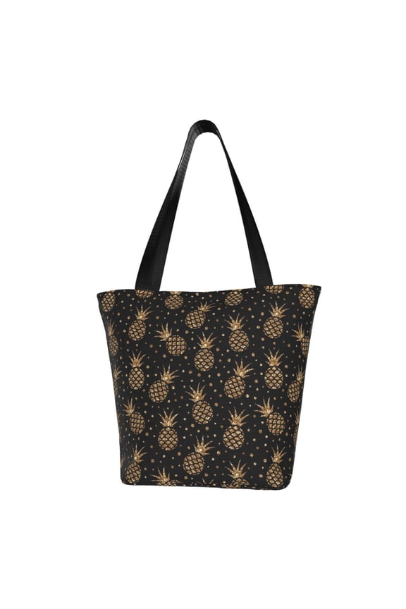 Gold Glitter Pineapples Print Tote Bag for Women,Shoulder Bag with Zipper Casual Tote's Handbag Big Capacity Shoulder Bag with Inner Pocket Fit for Shopping,Office,Travel
