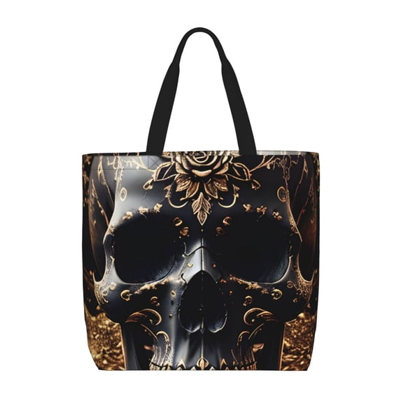 Defioc Gold Pattern Black Skull Pattern Tote Bag for Women,Large Capacity Tote Bag with Zipper Casual Shoulder Handbags Shopping Bag