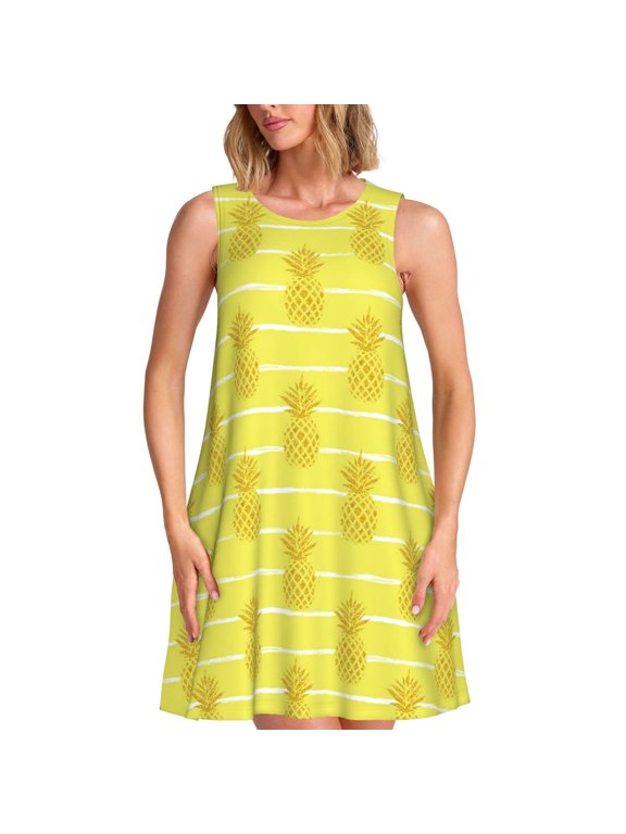 Gold Pineapple Pattern Women's Summer Dresses 2025 Beach Casual Sleeveless Tank Loose Sundress Beach Vacation Clothes with Pocket -Large