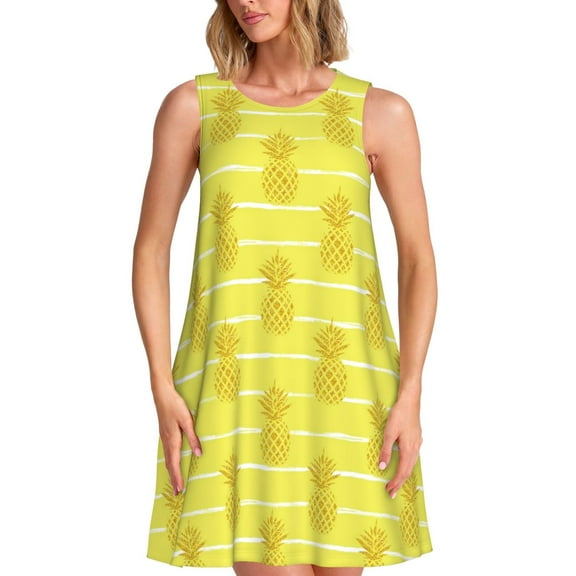 Defioc Gold Pineapple Pattern Women's Summer Dresses 2025 Beach Casual Sleeveless Tank Loose Sundress Beach Vacation Clothes with Pocket -X-Large