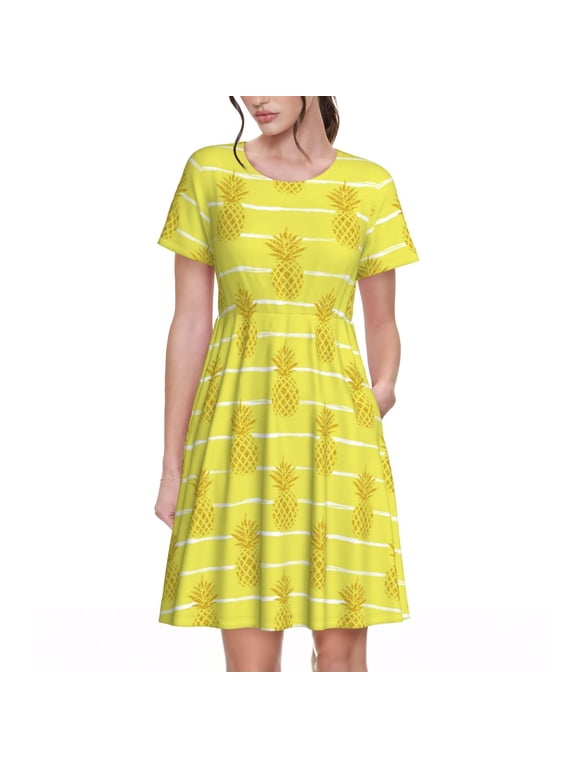 Gold Pineapple Pattern Womens Summer Dresses Short Sleeve Sundress 2025 Beach Vacation Dresses with Pockets -3X-Large