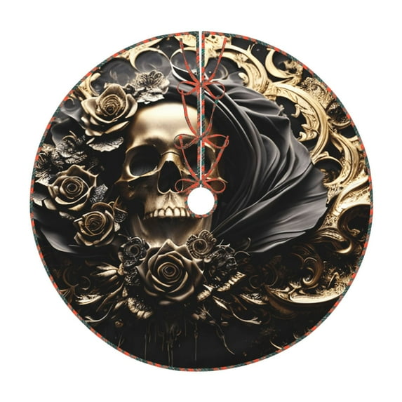 Defioc Gold Rose Skull for Christmas Tree Skirt Snowman Xmas Tree Skirt Farmhouse Christmas Decorations Tree Mat for Holiday Party Decor-30"