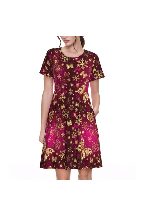 Golden Snowflakes And And Butterflies Pattern Womens Summer Dresses Short Sleeve Sundress 2025 Beach Vacation Dresses with Pockets -XX-Large