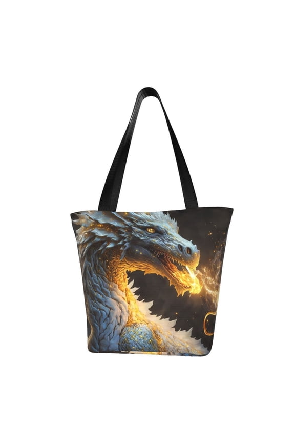 Golden White Fire Dragon Print Tote Bag for Women,Shoulder Bag with Zipper Casual Tote's Handbag Big Capacity Shoulder Bag with Inner Pocket Fit for Shopping,Office,Travel