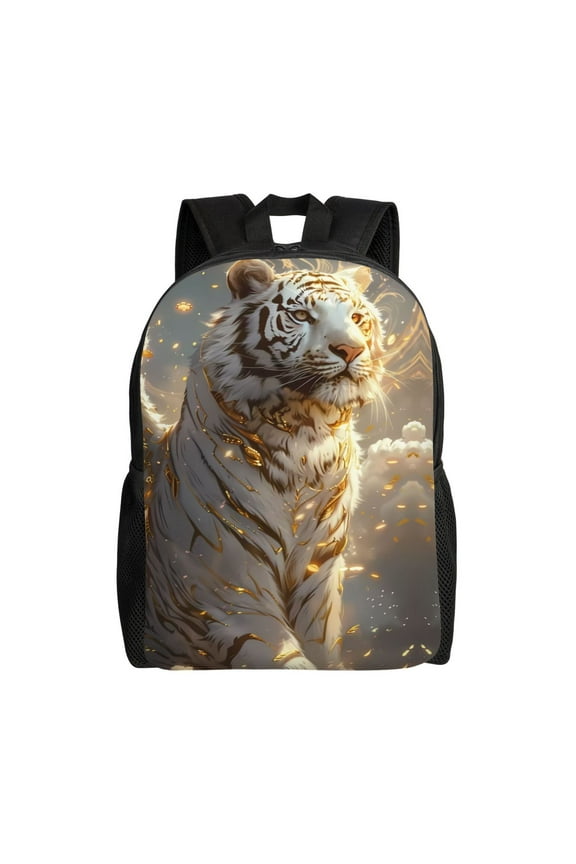 Golden White Tiger Print Backpack -Travel,or Work Bookbag Daypacks with 15-Inch Laptop Sleeve and Dual Water Bottle Pockets