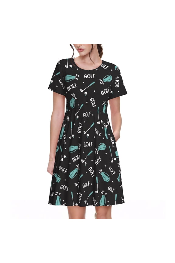 Golf Bags And Balls Pattern Womens Summer Dresses Short Sleeve Sundress 2025 Beach Vacation Dresses with Pockets -3X-Large