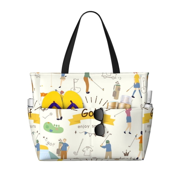 Defioc Golf Icons And Golfer Pattern Beach Bag for Women - Large Beach Tote Bag Waterproof Sandproof Swim Pool Bag Everyday Bag Handbags with Zipper