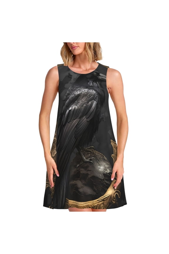 Gothic Raven Portrait Pattern Women's Summer Dresses 2025 Beach Casual Sleeveless Tank Loose Sundress Beach Vacation Clothes with Pocket -Small