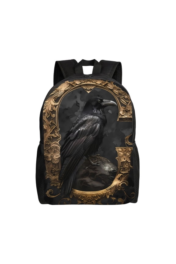 Gothic Raven Portrait Print Backpack -Travel,or Work Bookbag Daypacks with 15-Inch Laptop Sleeve and Dual Water Bottle Pockets