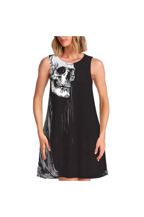 Gothic Skull Drape Pattern Women's Summer Dresses 2025 Beach Casual Sleeveless Tank Loose Sundress Beach Vacation Clothes with Pocket -Medium