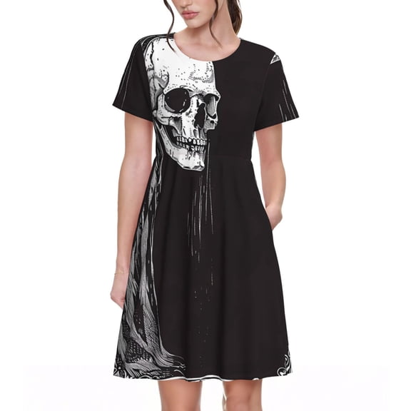 Defioc Gothic Skull Drape Pattern Womens Summer Dresses Short Sleeve Sundress 2025 Beach Vacation Dresses with Pockets -X-Large