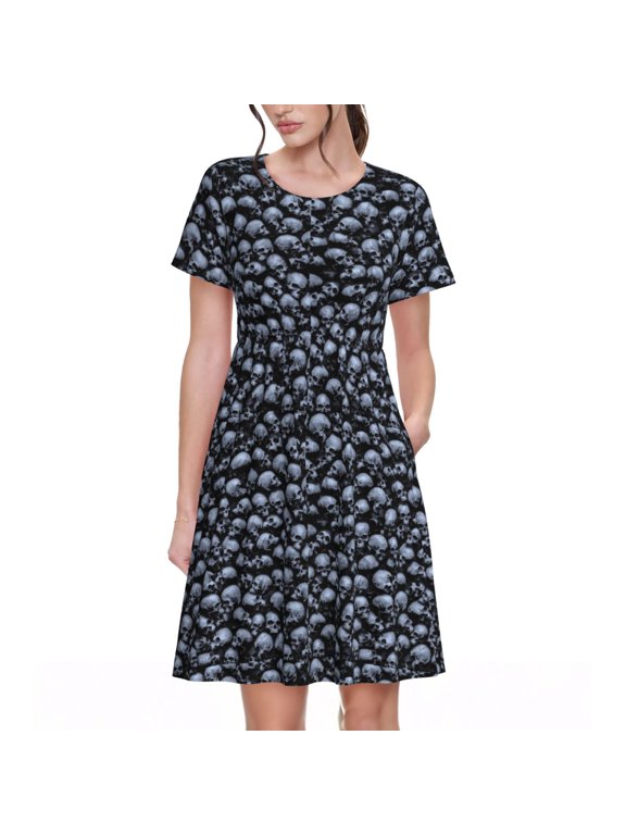 Gothic Skull Pattern Womens Summer Dresses Short Sleeve Sundress 2025 Beach Vacation Dresses with Pockets -Medium