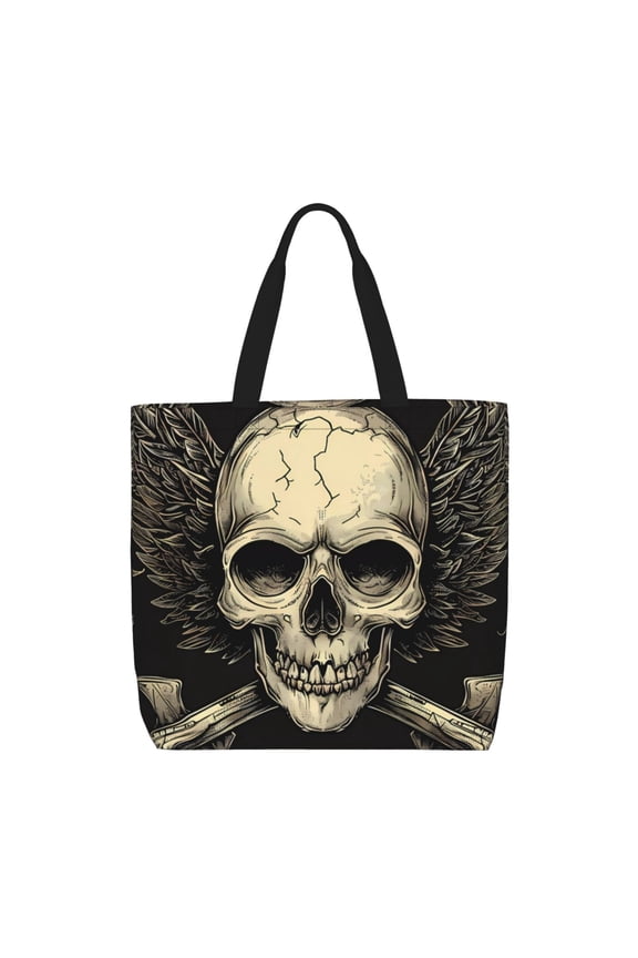 Gothic Winged Skull Pattern Tote Bag for Women,Large Capacity Tote Bag with Zipper Casual Shoulder Handbags Shopping Bag