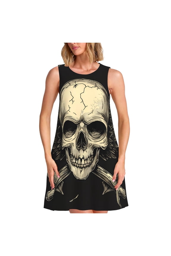 Gothic Winged Skull Pattern Women's Summer Dresses 2025 Beach Casual Sleeveless Tank Loose Sundress Beach Vacation Clothes with Pocket -3X-Large