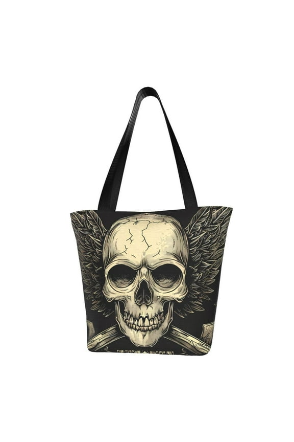 Gothic Winged Skull Print Tote Bag for Women,Shoulder Bag with Zipper Casual Tote's Handbag Big Capacity Shoulder Bag with Inner Pocket Fit for Shopping,Office,Travel
