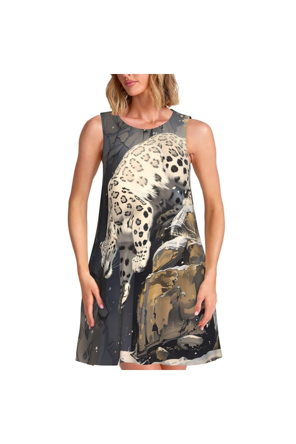 Graceful Snow Leopard Pattern Women's Summer Dresses 2025 Beach Casual Sleeveless Tank Loose Sundress Beach Vacation Clothes with Pocket -XX-Large