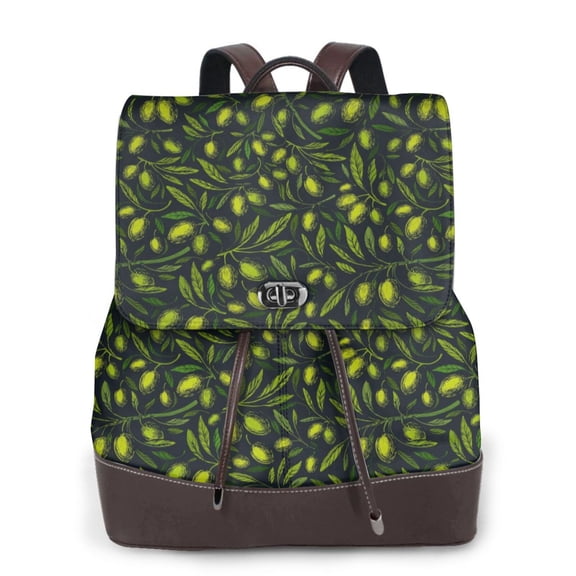 Defioc Green Branch Olive Print PU Leather Backpack,Backpack Purse for Women Fashion Multipurpose Design Handbag Ladies Bags Travel Backpack