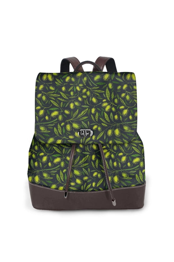 Green Branch Olive Print PU Leather Backpack,Backpack Purse for Women Fashion Multipurpose Design Handbag Ladies Bags Travel Backpack