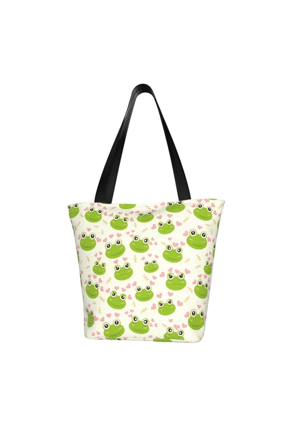 Green Frog Print Tote Bag for Women,Shoulder Bag with Zipper Casual Tote's Handbag Big Capacity Shoulder Bag with Inner Pocket Fit for Shopping,Office,Travel