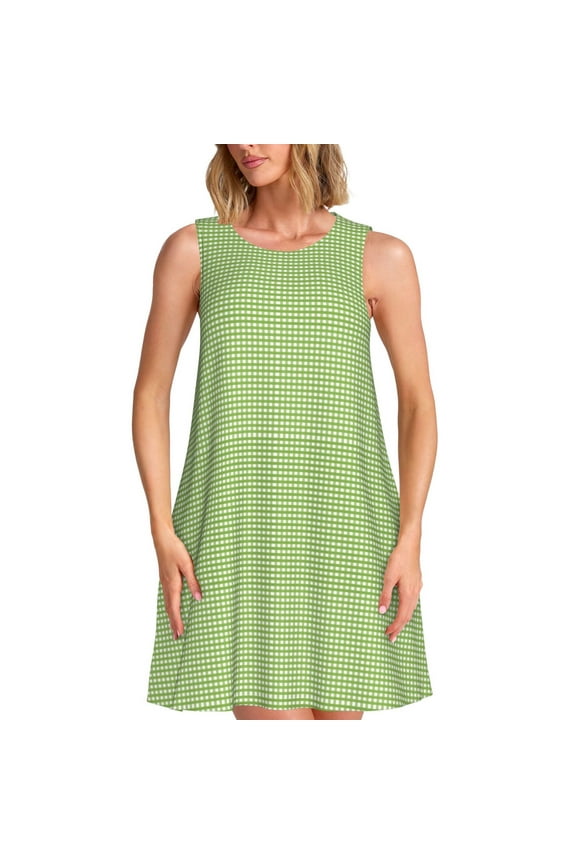 Green Gingham Pattern Women's Summer Dresses 2025 Beach Casual Sleeveless Tank Loose Sundress Beach Vacation Clothes with Pocket -Small
