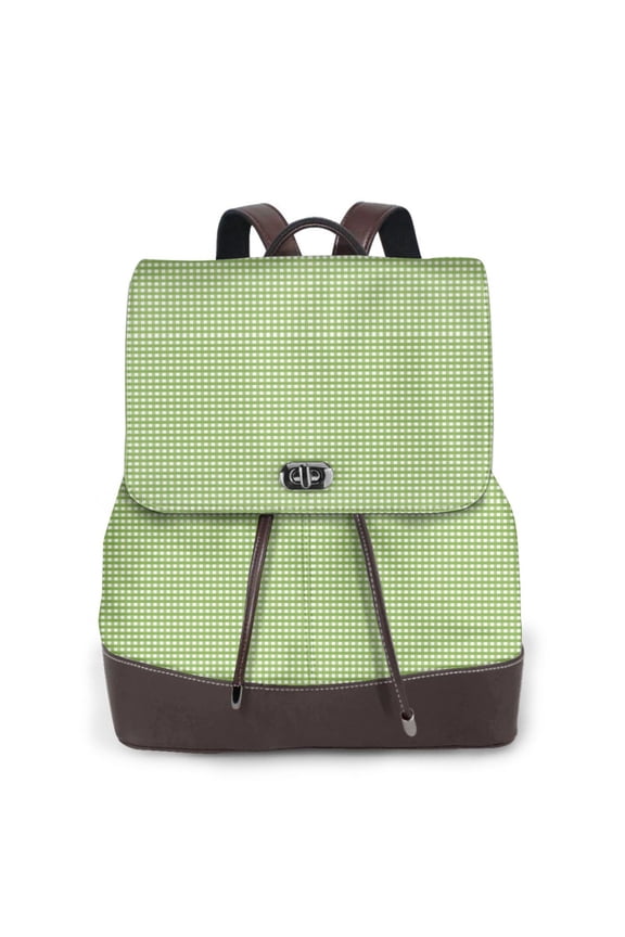Green Gingham Print PU Leather Backpack,Backpack Purse for Women Fashion Multipurpose Design Handbag Ladies Bags Travel Backpack